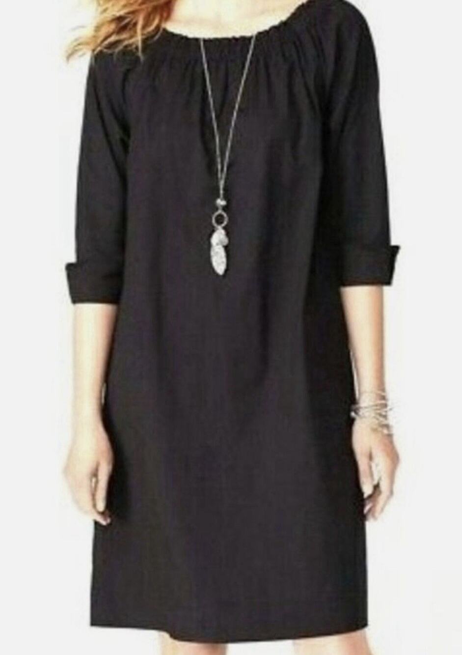 J Jill Black Cotton Poplin Shift Dress 3/4 Sleeve Elastic Neck XL Women Black